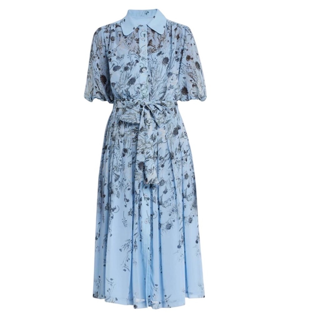 Teri Jon‎ Shirt Dress Women 8 Light Blue Floral Chiffon Midi Puff Sleeve